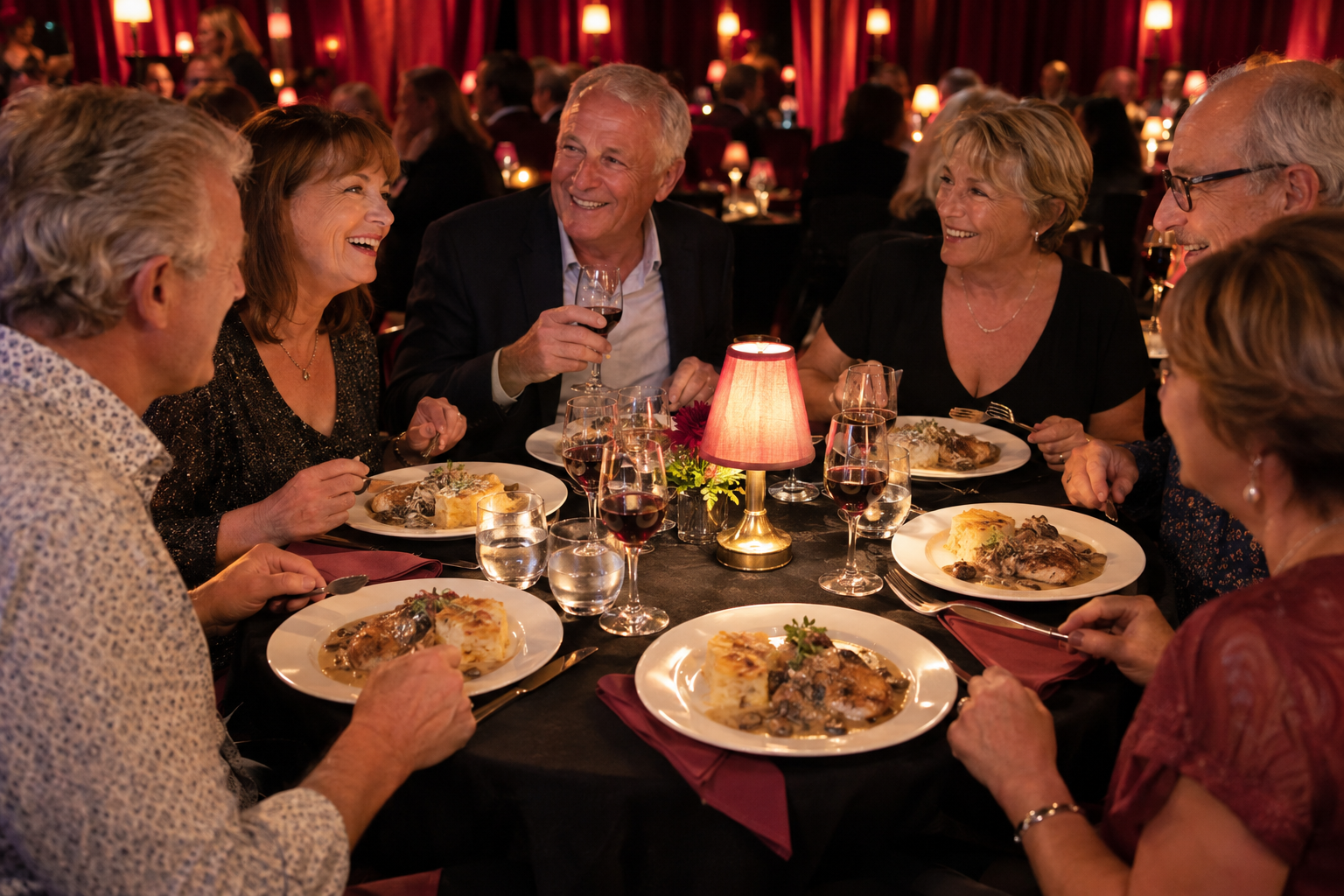 Convives souriants réunis autour d’un repas dans une ambiance cabaret aux rideaux rouges, illustration du déjeuner-spectacle.