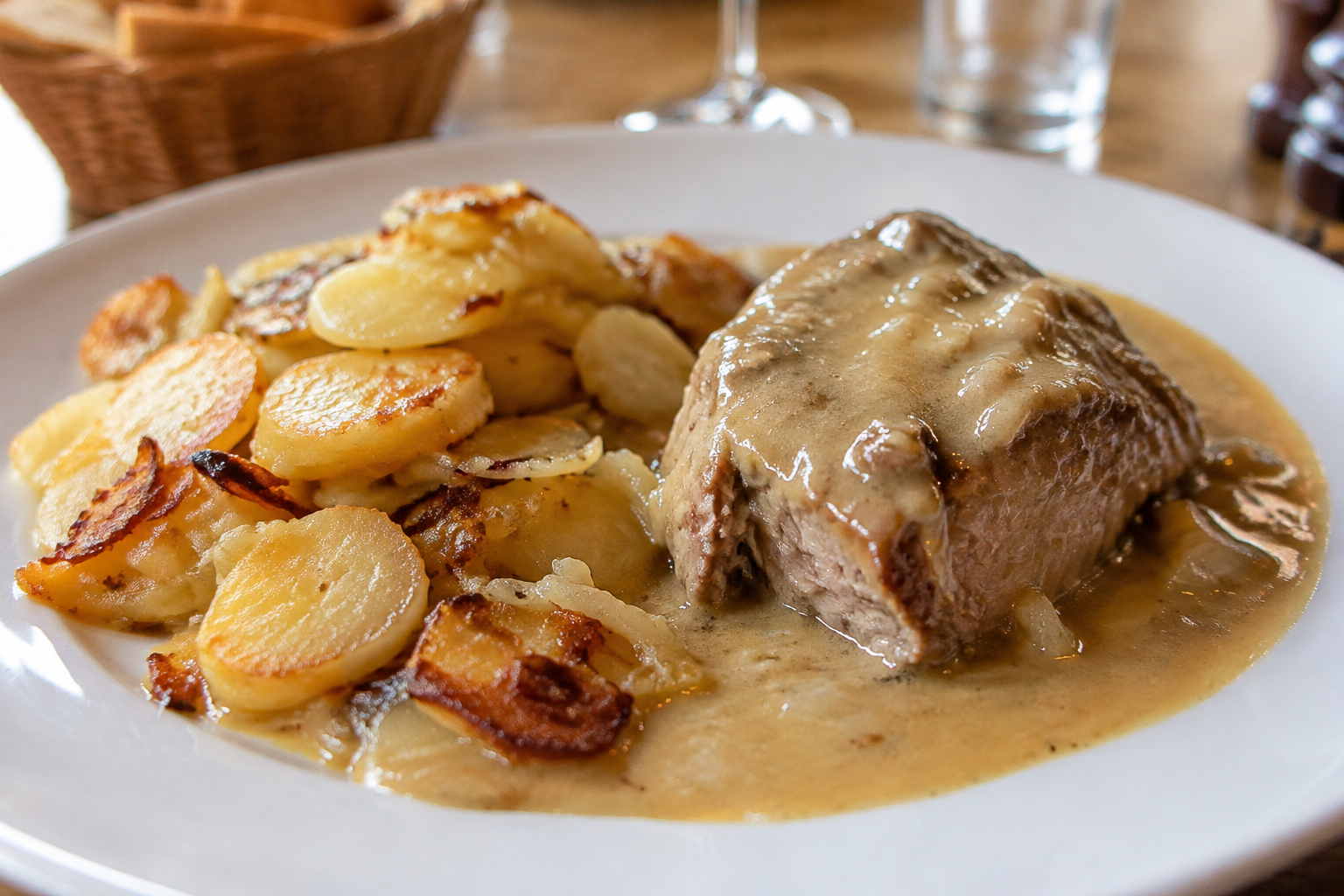 Fondant de porc, sauce au riesling, accompagné de son traditionnel Roïgebrageldi.