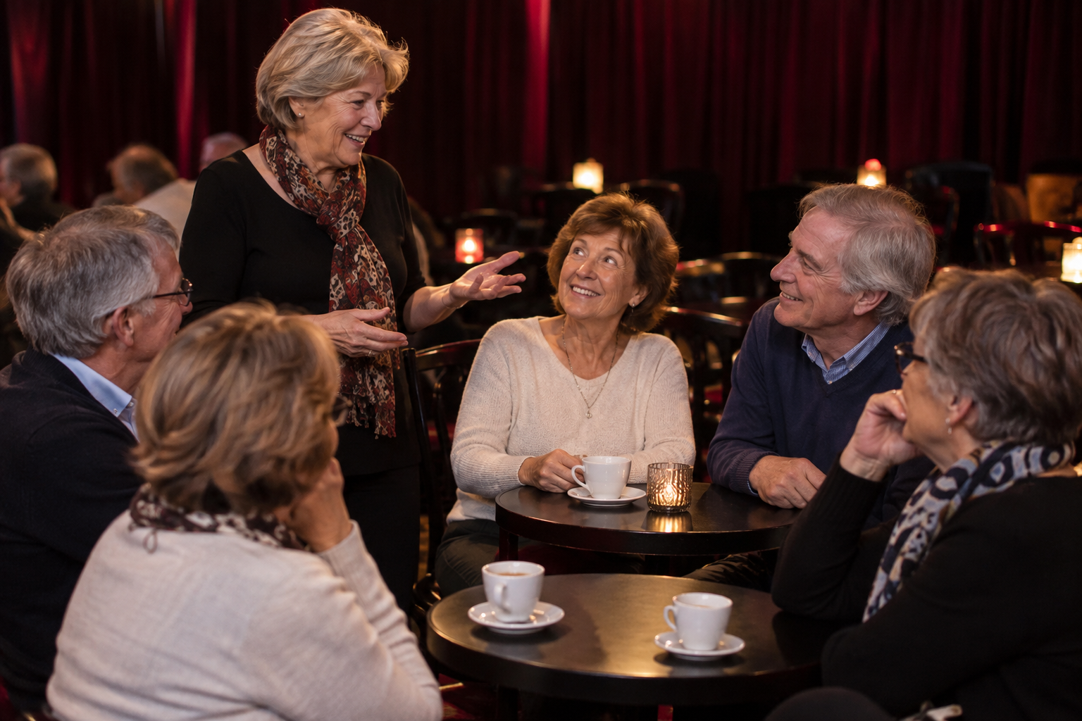 Groupe de personnes échangeant autour de tasses de café dans une ambiance cabaret, pour illustrer le café de bienvenue.